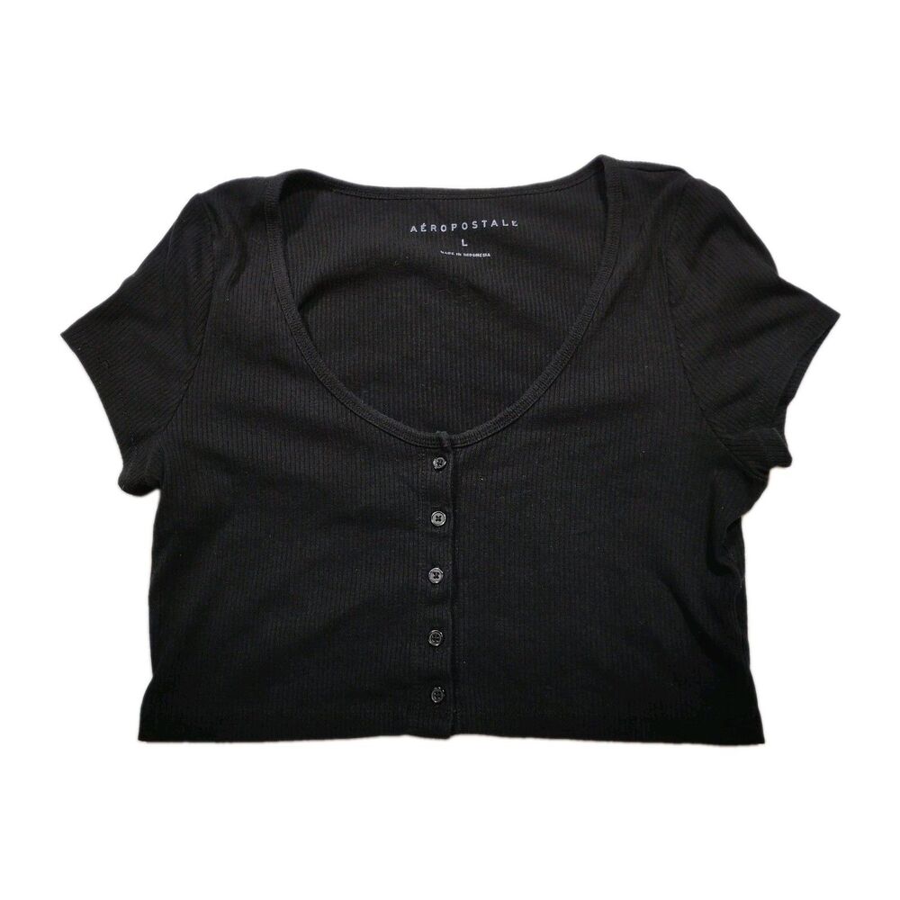 Aeropostale Womens Black Ribbed Button Up Crop Top Tank Size M Y2K Elena Gilbert